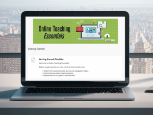 Computer with Online Teaching Essentials getting started checklist.